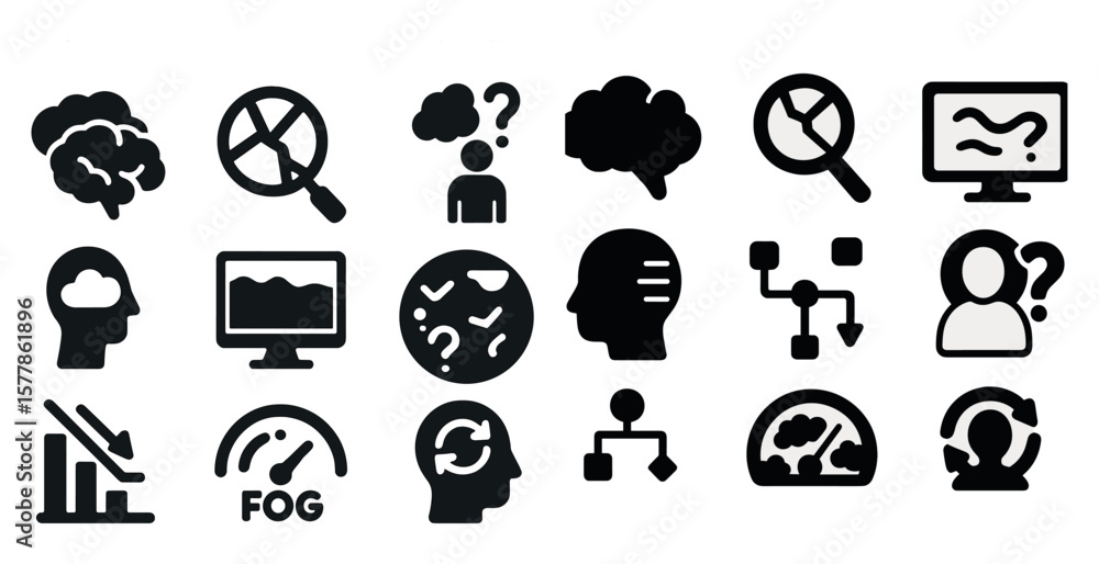 Poster collection of icons that include a brain, a computer monitor, a person with a question mark, and a p