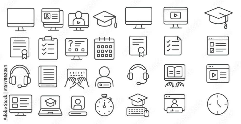 Poster collection of icons for a computer screen, including a clock, a keyboard, a mouse, and a monitor