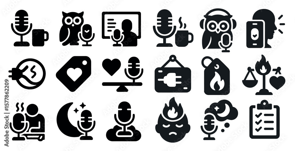 Poster collection of icons for various media and communication devices. the icons include a microphone, a c