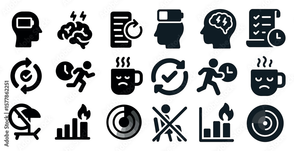Poster collection of black and white icons that represent various concepts related to the brain and mental 