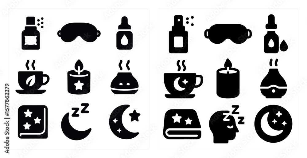 Poster set of black and white icons that represent various items related to sleep and relaxation. the icons