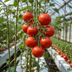 a greenhouse full of fresh tomatoes growing on the vine, ready for harvest, in a hydroponics system.

