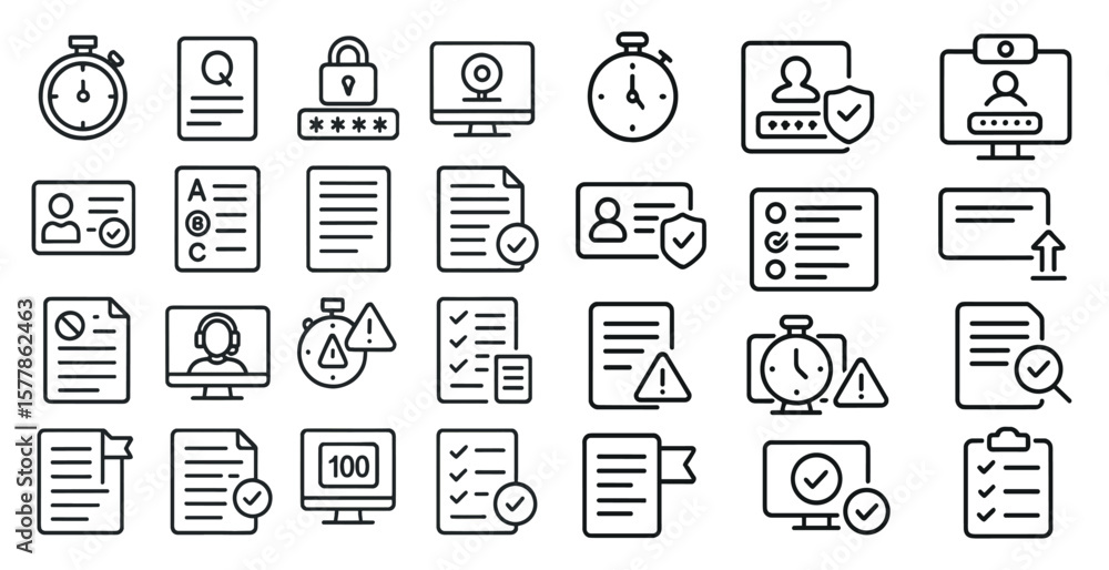 Poster collection of icons that include a clock, a person, a computer, and a paper. the icons are all in bl