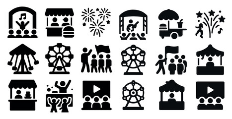 Collection of black and white icons depicting various amusement park rides and activities. The icons include a Ferris wheel, a carousel, a roller coaster, a merry-go-round, and a train