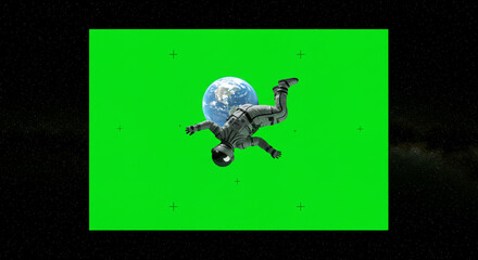 Naklejka premium An astronaut floating in space with earth behind him against a green screen in the dark night sky