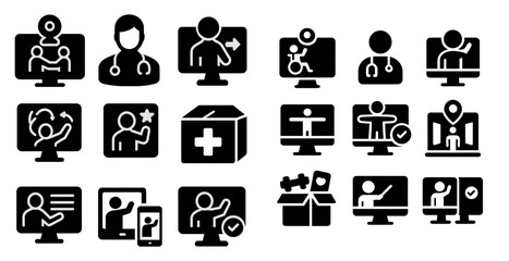 Set of icons for a computer screen, including a doctor, a box, a person with a box, a person with a camera, a person with a box, a person with a box, a person with a box, a person with a