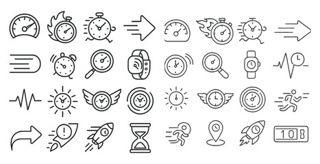 Collection of various time-related icons, including clocks, watches, and a rocket. The icons are arranged in a grid, with some overlapping and others standing alone. Scene is one of speed and motion