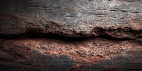 Obraz premium textured, dark wood grain background with a deep crack. Abstract wooden surface, weathered timber, natural design, rustic element, old material, deep color, wooden texture, natural pattern.