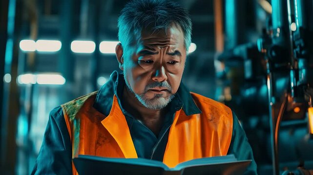 Focused Worker Checks Manual to Troubleshoot