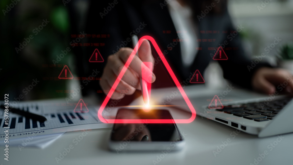 Poster cybersecurity alert warning showing red cyber for data breach, network threat, and cyber security sy