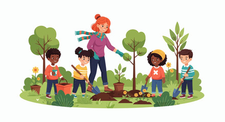 Fototapeta premium Children and a teacher planting trees in a park, promoting environmental awareness.