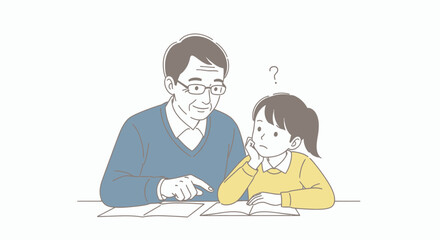 Grandfather patiently helps granddaughter with her studies, showing concern and guidance.