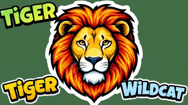 Cartoon lion head graphic with tiger text
