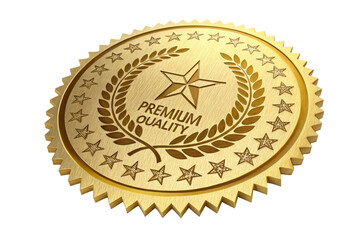 Golden premium quality award seal with stars and laurel wreath isolated on transparent background