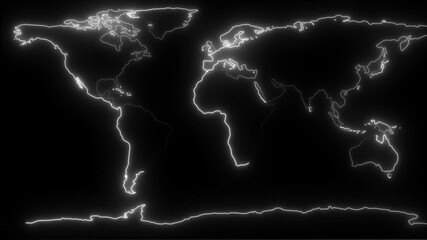 glowing digital world map outline .futuristic earth wireframe animation global connection neon map on the black background. - Powered by Adobe