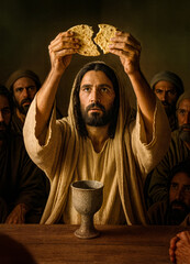 Jesus Breaking Bread with Disciples - the Last Supper &ndash; Communion Passover Meal Wine