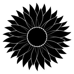 A black and white illustration of a sunflower