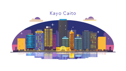 Naklejka premium Kayo caito city skyline illustration with modern buildings and reflection at night vector design art