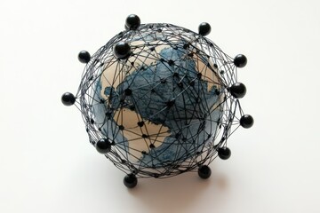 Network of global connections over data processing with a stylized globe representation, network of connections and data processing over globe