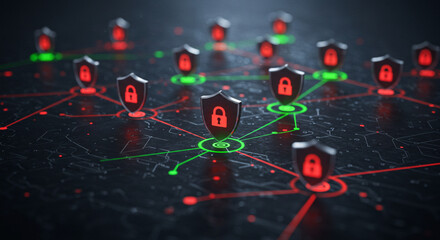 Fototapeta premium Cybersecurity Network Grid with Shield Icons