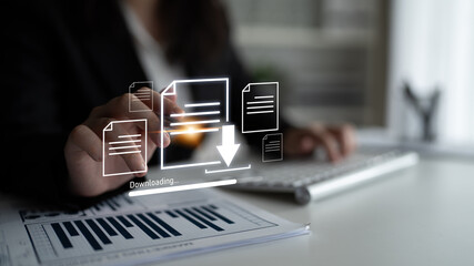 Visual representation of digital document downloading, showing file transfer, data access, and...