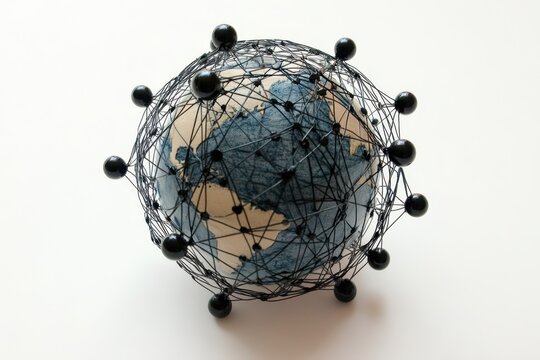 Network of global connections over data processing with a stylized globe representation, network of connections and data processing over globe - Powered by Adobe
