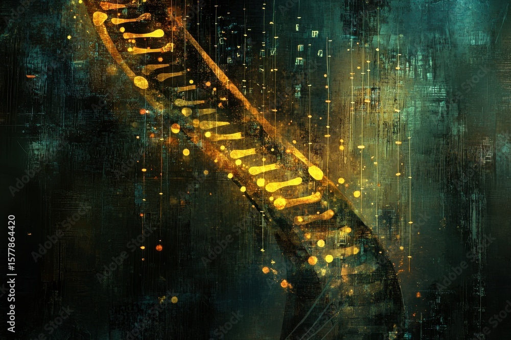 Poster exploring data processing techniques over abstract shapes and dna strands in a digital environment, 