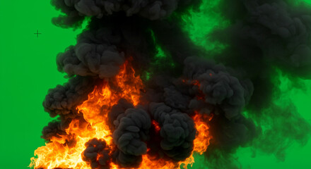 A fiery explosion with billowing black smoke rising against a vibrant green screen backdrop scene view