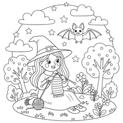 Adorable little witch knitting in magical forest with flying bat – cute Halloween cartoon line art coloring page for kids
