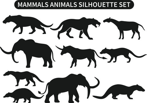 Prehistoric Mammals Silhouette Vector Set &ndash; Extinct Animal Illustrations in Black Silhouette Style