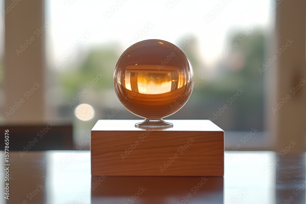 Poster spherical object balanced on display base creates captivating visual harmony in calm surroundings, e