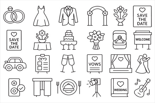 Vector art of various wedding and marriage related icons isolated on white background