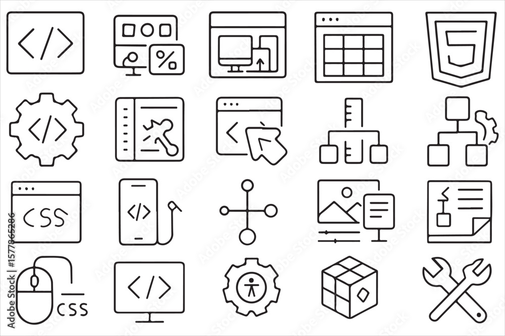 Poster office icons vector set: essential business symbols for web design