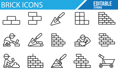Set of Editable Stroke Brickwork Icons for Construction, Wall Building, and Masonry Projects