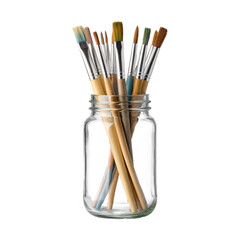 Brushes for drawing painting in glass jar isolated on transparent background.