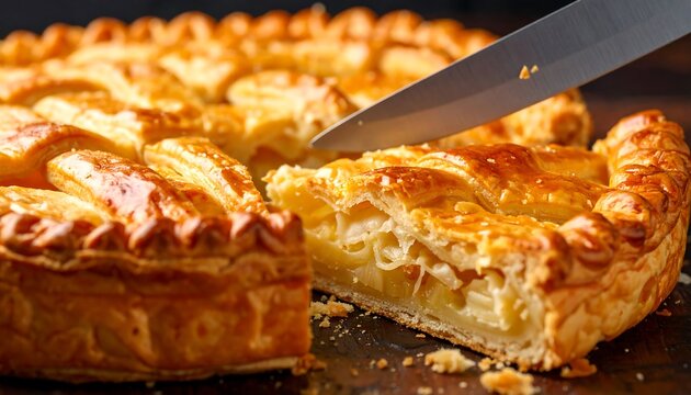 Golden apple pie, knife slicing through - Powered by Adobe
