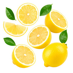 Falling lemon slices isolated on transparent background.