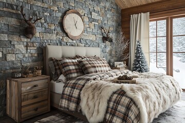 A mountain cabin-style winter bedroom featuring a stone accent wall, a bed adorned with plaid bedding, a fur throw, and a bedside table with rustic wooden decor, perfect for cozy winter nights.