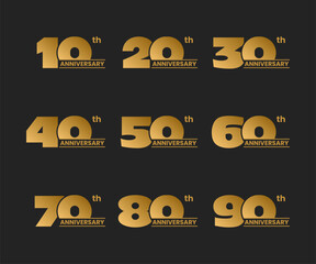 Set of anniversary logo design on black. From 10 to 90. Stock vector illustration for greeting card, invitation etc. 
