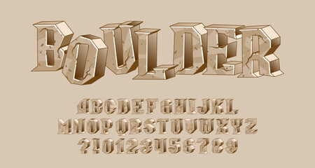 Boulder alphabet font. 3D cartoon letters, numbers and symbols. Stock vector typeface for your design.
