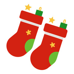 Two festive red christmas stockings with green accents and yellow stars