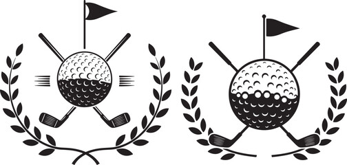 Golf emblem with ball clubs flag and laurel wreath silhouette