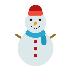 Cute cartoon snowman wearing a red hat and blue scarf with stick arms