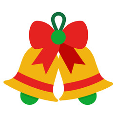 Pair of festive golden christmas bells adorned with a red bow and green accents