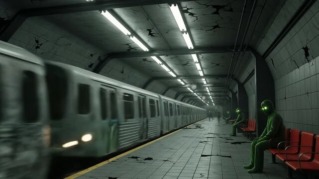 Haunted Abandoned Subway Platform - Flickering Lights, Phantom Train with Skeletal Graffiti, Glowing-Eyed Ghost Commuters, Cracked Tiles, Neon Green/Rust