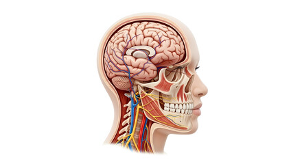 Detailed Human Head Side View Illustration of Brain Skull and Nervous System