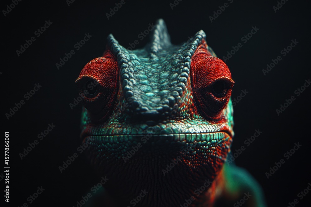Poster closeup view of a vibrant red and green chameleon highlighting its striking features and textures, c