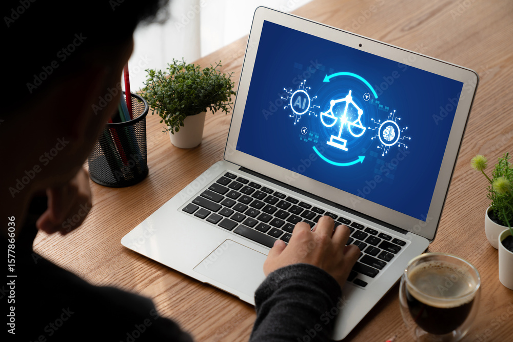 Poster ai ethics responsibility standard law and rules on computer screen provide report of ai ethic transp