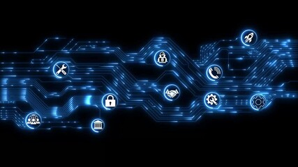 Animation of data processing with icons over connections data transfer 4k animated motion video. Network connections and data points animation over blurred cityscape background. digital data prosing. - Powered by Adobe