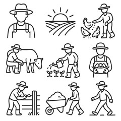 Rural Life Icons. Line style icons of daily rural life: farmer with hat, sunrise over field, feeding chickens, milking cow,